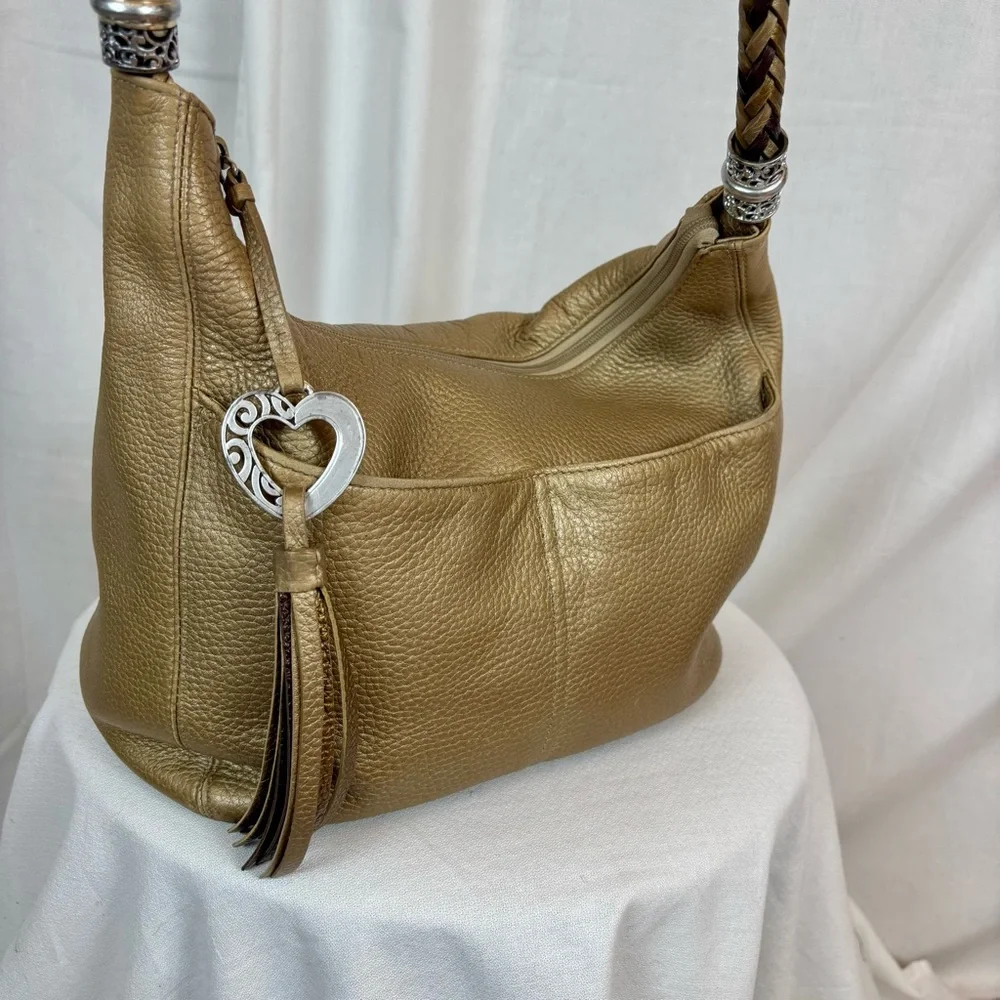 Brighton Gold Leather with Earthy Multicolor Braided Strap Hobo Handbag new $599